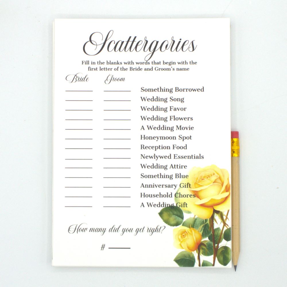 Scattergories Yellow Rose Bridal Shower Game