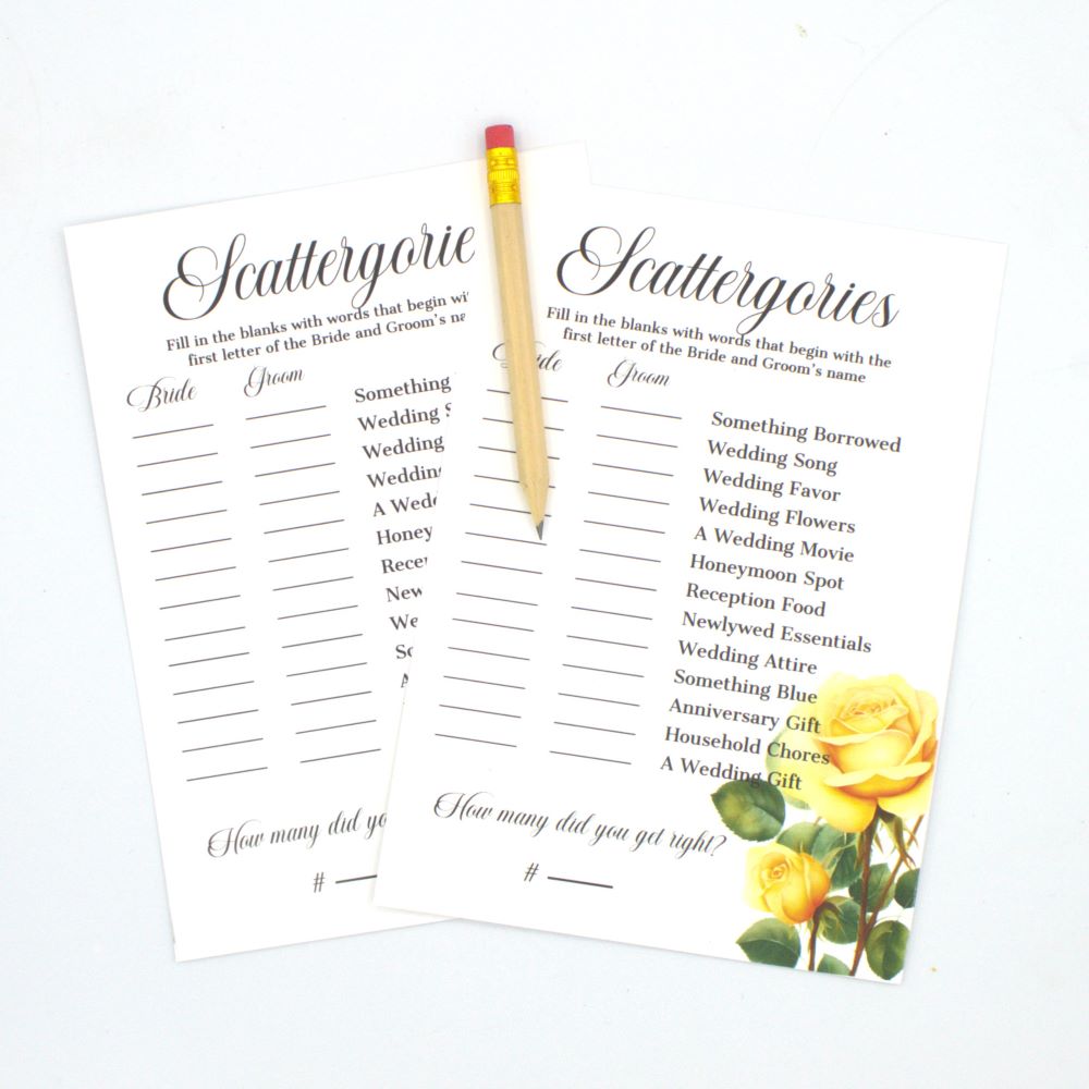 Scattergories Yellow Rose Bridal Shower Game